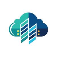 A building situated on a cloud, representing a cloud hosting platform in an abstract manner, Abstract representation of a cloud computing system, minimalist simple modern logo design vector