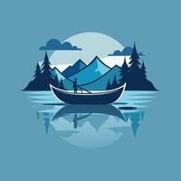 A man standing on top of a boat floating on the water, A lone canoe drifting on a glassy lake, minimalist simple modern logo design vector