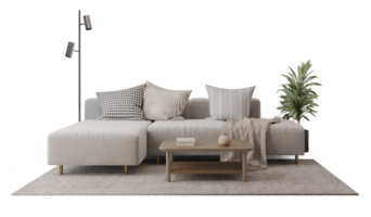 Sofa in living room with table rug plant and lamp png