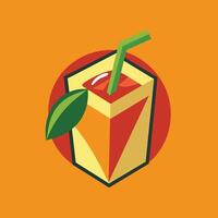 A close-up view of an orange juice box with a green leaf placed on top, against a plain background, A modern interpretation of a juice box, minimalist simple modern logo design vector