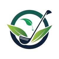 A green leaf and a golf club logo laid against a neutral background, A modern depiction of a golf club, minimalist simple modern logo design vector