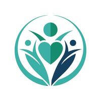 Blue and green logo with abstract people in the center, showcasing unity and diversity, A minimalist design capturing the essence of compassion and care vector