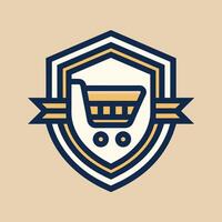 Shopping cart positioned centrally on a shield emblem, A minimalistic emblem for an online retailer, minimalist simple modern logo design vector