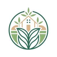 A minimalist logo with a house and a leaf enclosed in a circle, representing simplicity and nature, A minimalist logo featuring clean lines and subtle hints of a garden setting vector