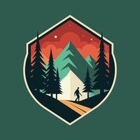 un hombre es caminando a lo largo un la carretera en un bosque, un minimalista representación de un caminata mediante un denso bosque, minimalista sencillo moderno logo diseño vector