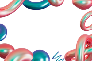 brincalhão quadro, Armação com abstrato holográfico Rosa e azul 3d formas, em transparente fundo. iridescente cores. moderno fronteira, ano 2000 estilo. cópia de espaço dentro a meio. cor gradiente. 3d renderizar. png