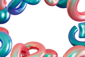 giocoso telaio con astratto olografico rosa e blu 3d forme, su trasparente sfondo. iridescente colori. moderno confine, y2k stile. copia spazio nel il mezzo. colore pendenza. 3d rendere. png