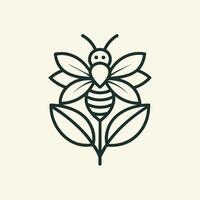 A bee calmly sits on top of a leaf in a minimalist line drawing, A minimalist line drawing of a bee perched on a flower, minimalist simple modern logo design vector