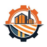 un logo representando industria, con un fábrica en el fondo, un moderno y minimalista símbolo representando industrial servicios vector