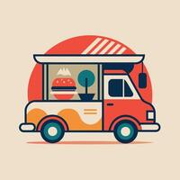 A modern orange and white food truck stands against a backdrop of trees and mountains, Design a sleek and modern logo showcasing a pet paw in a minimalistic style vector