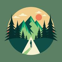 A person standing on a road in the middle of a dense forest, A minimalist depiction of a hike through a dense forest, minimalist simple modern logo design vector