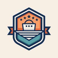 A boat positioned in the center of a shield adorned with stars, A minimalistic emblem for an online retailer, minimalist simple modern logo design vector