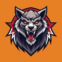 A wolfs head with intense red eyes and sharp fangs in a dynamic design, A dynamic design featuring a fierce animal mascot logo, minimalist simple modern logo design vector