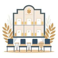 A conference room featuring stylish chairs arranged around a large screen for presentations and meetings, Chic and stylish seating chart layout for a luxurious wedding reception vector