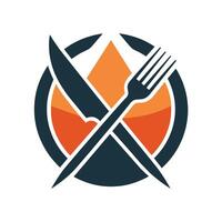 A knife and fork placed next to each other with a flame in the background, A minimalist logo incorporating a stylized fork and knife in a clever and creative way vector