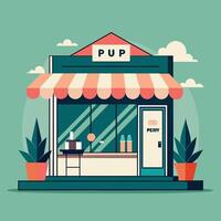 A contemporary pop-up store with a prominent Pup sign in front, A trendy pop-up shop with a clean and contemporary logo, minimalist simple modern logo design vector