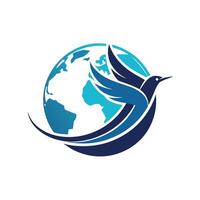 A blue bird in flight encircles the Earth in this logo featuring a stylized world map, A modern logo with a stylized world map and flying bird, minimalist simple modern logo design vector