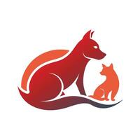 Stylized silhouette of a fox and cat sitting on top of each other in a playful manner, A stylized silhouette of a cat and dog resting together, minimalist simple modern logo design vector