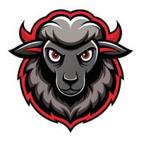 A detailed view of a sheeps head featuring striking red eyes, set against a clean white background, Black Sheep Logo Mascot, Distinctive Illustration Graphic vector