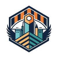 Stylized logo featuring a building with wings, symbolizing progress and innovation, An abstract design inspired by the production process, minimalist simple modern logo design vector