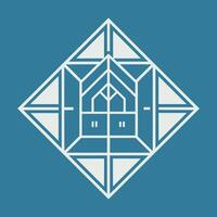 A blue and white square with a house in the center, Artistic interpretation of a blueprint or floor plan, minimalist simple modern logo design vector