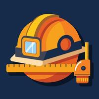 A construction helmet and a ruler are placed on a surface, symbolizing measurement and safety in construction projects, Construction helmet and measure tape design vector