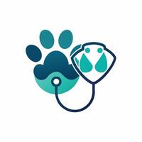 un perros pata es metido siguiente a un estetoscopio, simbolizando veterinario cuidado y chequeos para mascotas, limpio, geométrico diseño de un pata impresión y estetoscopio, minimalista sencillo moderno logo diseño vector