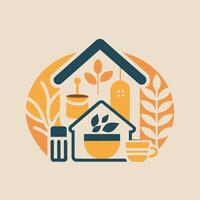 A house is surrounded by various plants and objects in a garden setting, An eye-catching logo that conveys a sense of warmth and coziness for a family-owned home goods store vector