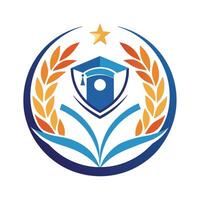 A blue and orange emblem featuring a star on top, symbolizing education and achievement, An elegant and minimalist logo symbolizing educational innovation vector