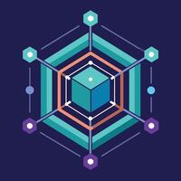 resumen representación de blockchain tecnología en estilizado geométrico diseño con azul y naranja formas, un resumen representación de blockchain tecnología en un minimalista estilo vector