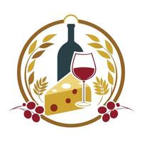 un botella de vino siguiente a un lleno vino vaso en un mesa, un elegante logo para un vino y queso emparejamiento compañía, minimalista sencillo moderno logo diseño vector