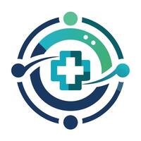 A minimalist logo featuring a cross at the center in blue and green colors, Construct a minimalist symbol for a medical technology company, showcasing innovation and efficiency vector