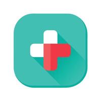 Flat cross icon with a long shadow on a white background, Contemporary representation of a healthcare app icon with a medical cross vector