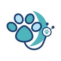 A clean, geometric design features a dogs paw and a paw print on a white background, Clean, geometric design of a paw print and stethoscope, minimalist simple modern logo design vector