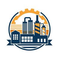 A logo design featuring a factory silhouette with a factory building in the background, An artistic representation of a manufacturing plant's machinery and processes vector