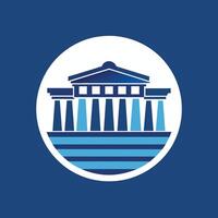 Graphic logo in blue and white representing a building, resembling the Acropolis in Athens, An artistic interpretation of the Acropolis in Athens, minimalist simple modern logo design vector