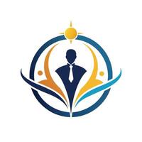 A man in professional attire, standing confidently in front of a bright sun, An elegant and refined logo that reflects the strategic thinking and problem-solving skills of management consultants vector