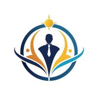 un hombre en profesional atuendo, en pie con confianza en frente de un brillante sol, un elegante y refinado logo ese refleja el estratégico pensando y resolución de problemas habilidades de administración consultores vector