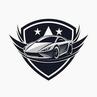 A car with wings stands in front of a starry sky filled with stars, Construct a logo that embodies the sleek and sophisticated design of a luxury vehicle vector