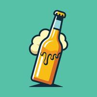 A beer bottle with foam in the foreground, against a backdrop of fluffy clouds in the sky, A simple design of a beer bottle with foam coming out, minimalist simple modern logo design vector