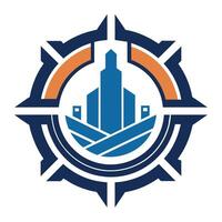 Logo featuring a building in the center, with a modern color scheme of blue and orange, A minimalist logo incorporating elements of industrial design vector