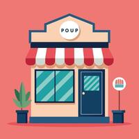 A small store featuring a red and white awning, standing out in a trendy pop up shop setting, A trendy pop-up shop with a clean and contemporary logo, minimalist simple modern logo design vector