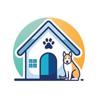 un perro se sienta obedientemente en frente de un pequeño perro casa en un patio interior configuración, un sutil cabecear a mascota sentado con un pequeño casa icono, minimalista sencillo moderno logo diseño vector