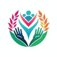 A group of hands coming together to hold green leaves and a heart, symbolizing unity and love, A symbol for a volunteer group that showcases helping hands in a clean, modern style vector