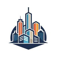 A cityscape featuring towering skyscrapers and various buildings in a bustling metropolis, Create a minimalist design of a city skyline with clean lines and geometric shapes vector