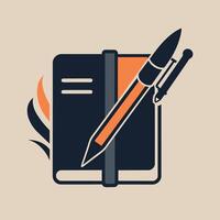 A sleek pen resting on top of a closed notebook, both placed on a desk, A sleek and elegant design of a pen and notebook for a journalism blog vector