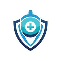 A blue shield featuring a prominent cross symbol in the center, designed as a minimalist emblem for a cutting-edge heal, Create a minimalist emblem for a cutting-edge healthcare device vector