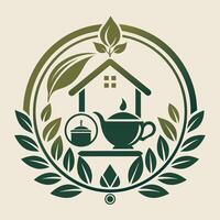 A logo featuring a house in the center, representing a tea shop with a classic and elegant design, An elegant and timeless symbol representing high-quality home goods vector