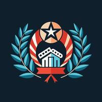 A star and a building stand surrounded by a wreath, symbolizing unity and celebration, A sleek design symbolizing the essence of cinema, minimalist simple modern logo design vector