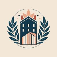 un edificio con un guirnalda rodeando sus exterior, agregando un toque de elegancia y encanto, crear un minimalista logo para un elegante boutique hotel, minimalista sencillo moderno logo diseño vector